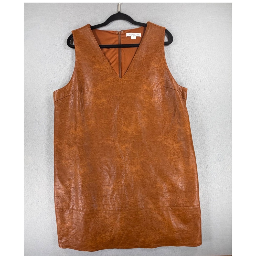 Women's 2X Brown Faux Leather Look Shift Dress Sleeveless V-Neck Back Zip Plus